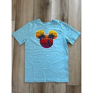 Disney Boys Tropical Mickey Mouse Graphic Tee Blue Beach Vacation Shirt Large